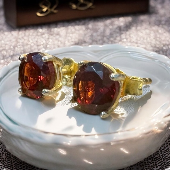 Dee Berkley Garnet Solitaire Gold Over Sterling Silver Studs - Picture 2 of 9